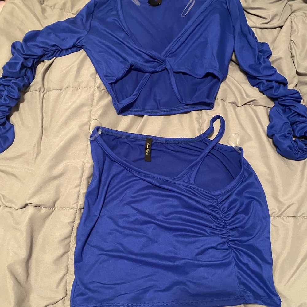 Blue large mini skirt 2 piece set